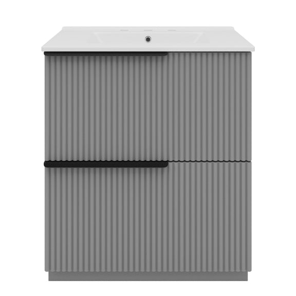 Dark gray fluted bathroom vanity cabinet with white ceramic sink and two-door base