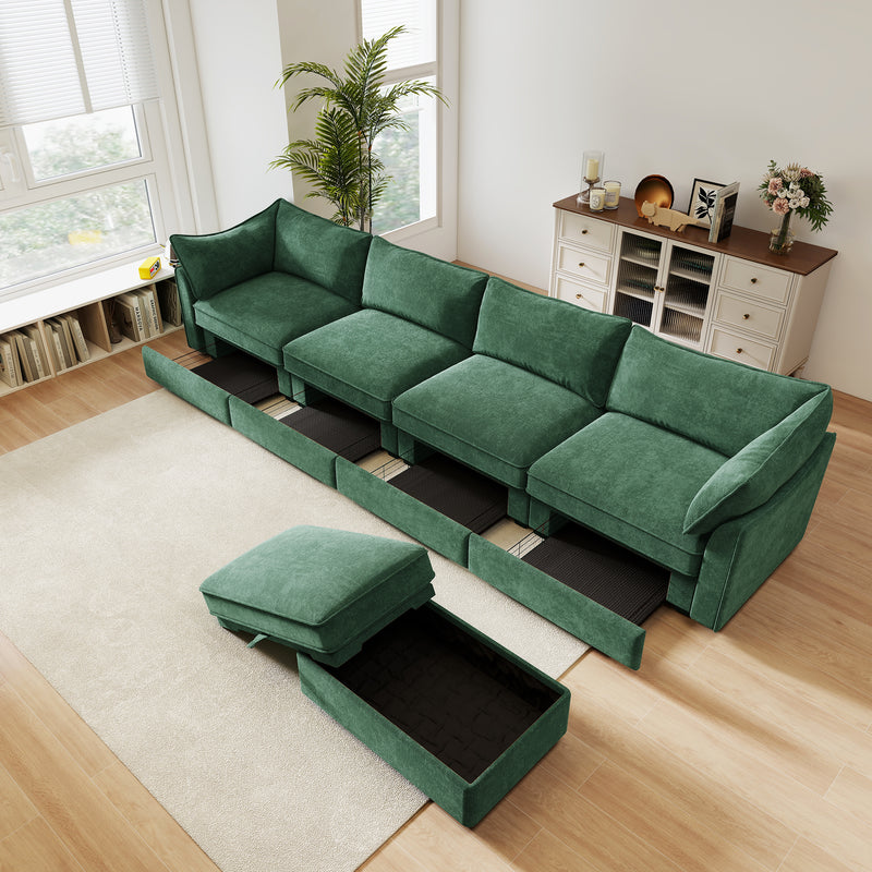 4-Seater L-Shaped Chenille Sectional Sofa - Green Chenille