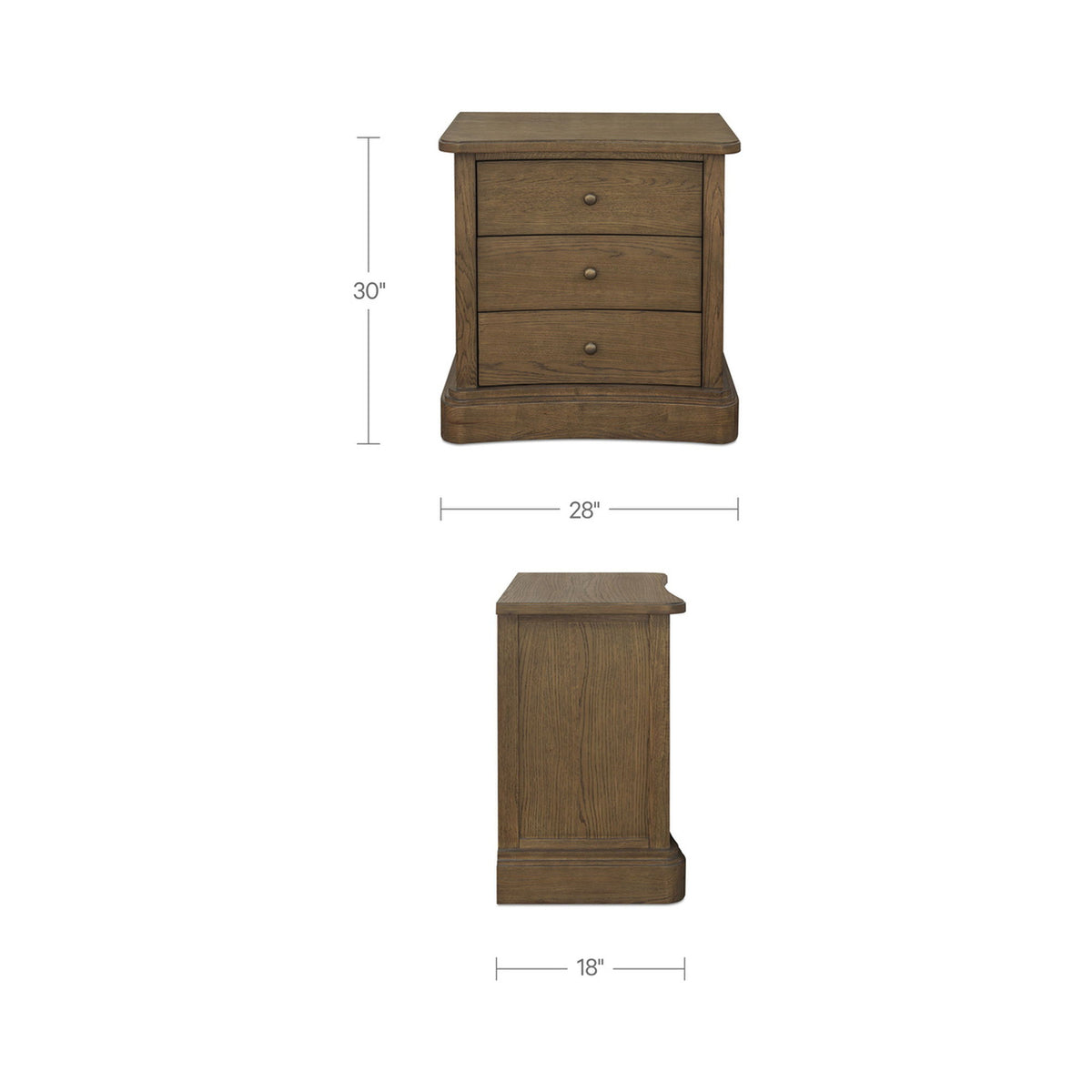 Warm brown wooden nightstand, 30 in high; 28 in wide; 18 in deep; 3 drawers