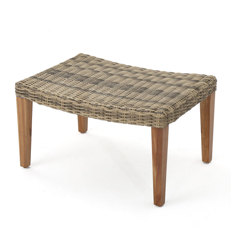 Gray woven rattan ottoman with square top and tapering wooden legs