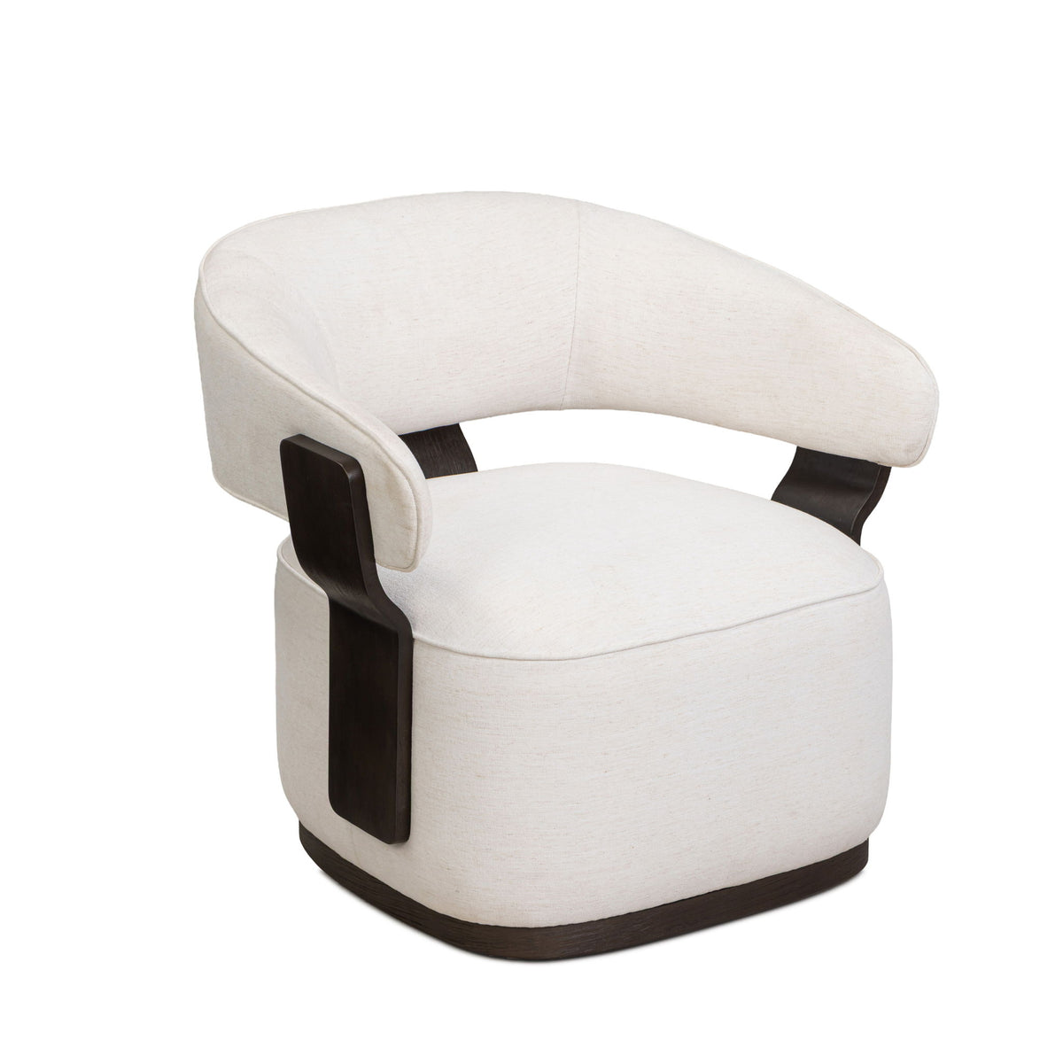 Swivel accent chair in off-white fabric with dark wood arm accents and rounded seat