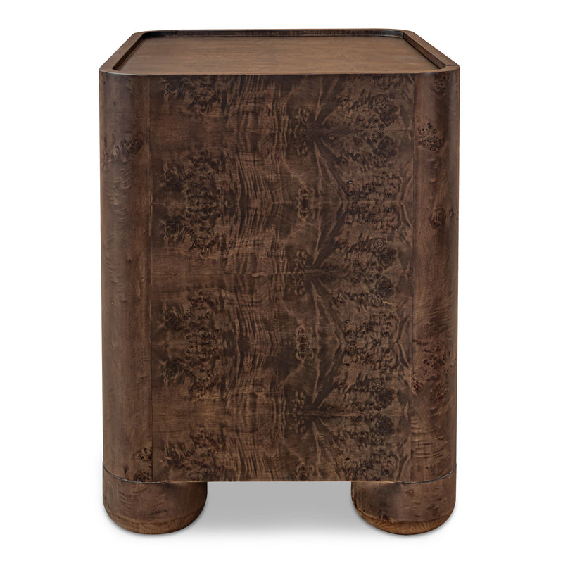 Gibson dark brown nightstand, showing the textured side and raised-edge top