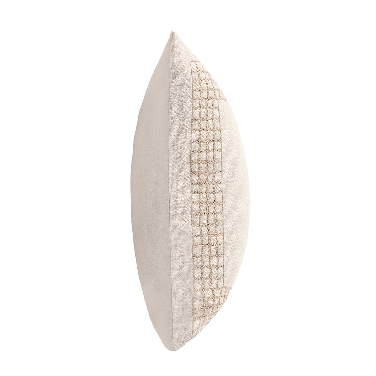 Natural throw pillow side profile with stitched edge and woven border stripe