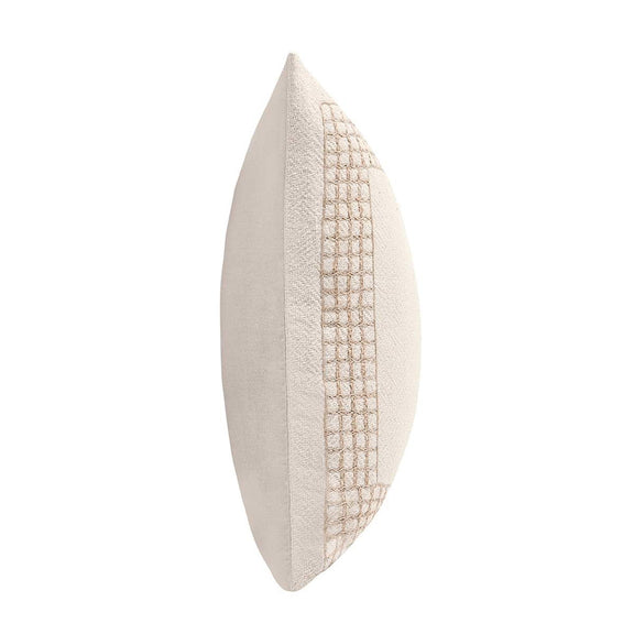Natural throw pillow side profile with stitched edge and woven border stripe