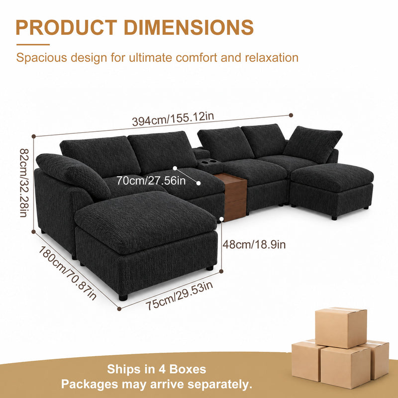 Black modular sectional sofa set with ottoman seating and storage console