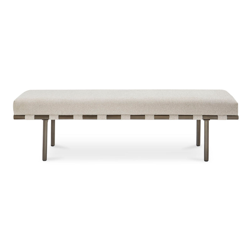 Beige upholstered dining bench with a cushioned seat, woven support straps, and dark metal legs