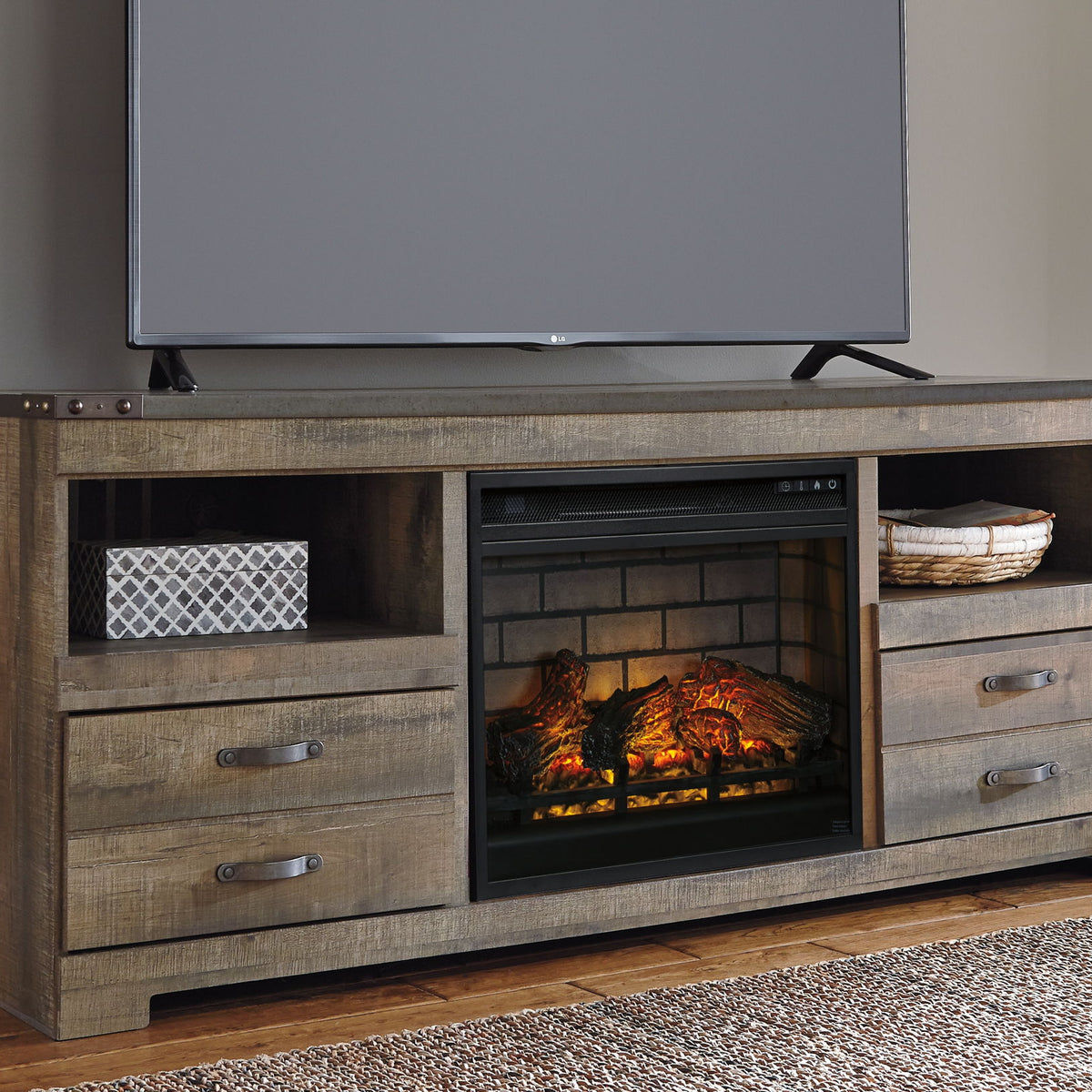 Trinell - 63" TV Stand With Glass/Stone Fireplace Insert - Brown