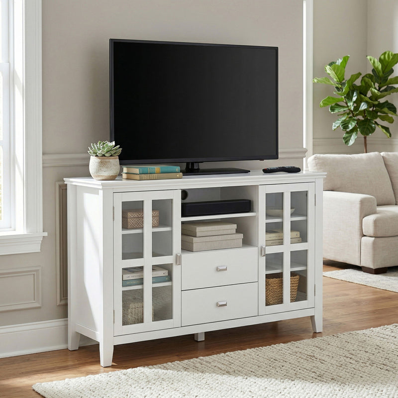 White TV media stand with open shelves, wicker cabinet doors, and two center drawers
