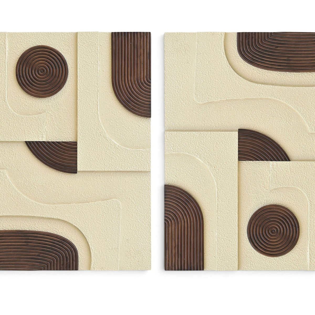 Two-piece wall art set with cream textured panels and dark brown spiral and arched wood pieces