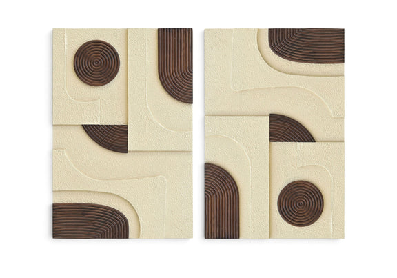Two-piece wall art set with cream textured panels and dark brown spiral and arched wood pieces