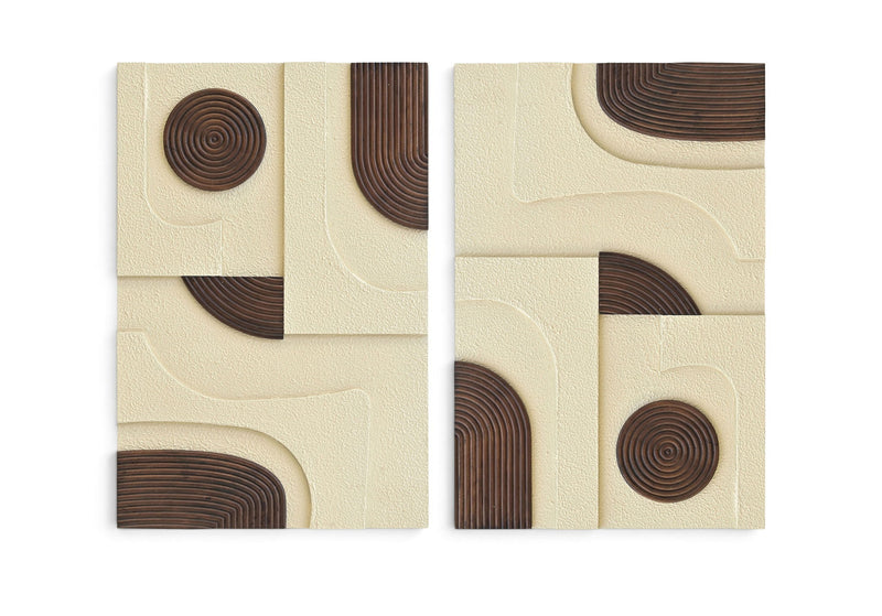 Two-piece wall art set with cream textured panels and dark brown spiral and arched wood pieces