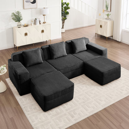 3-Seater Modular U-Shaped Corduroy Sectional Sofa - Black Corduroy