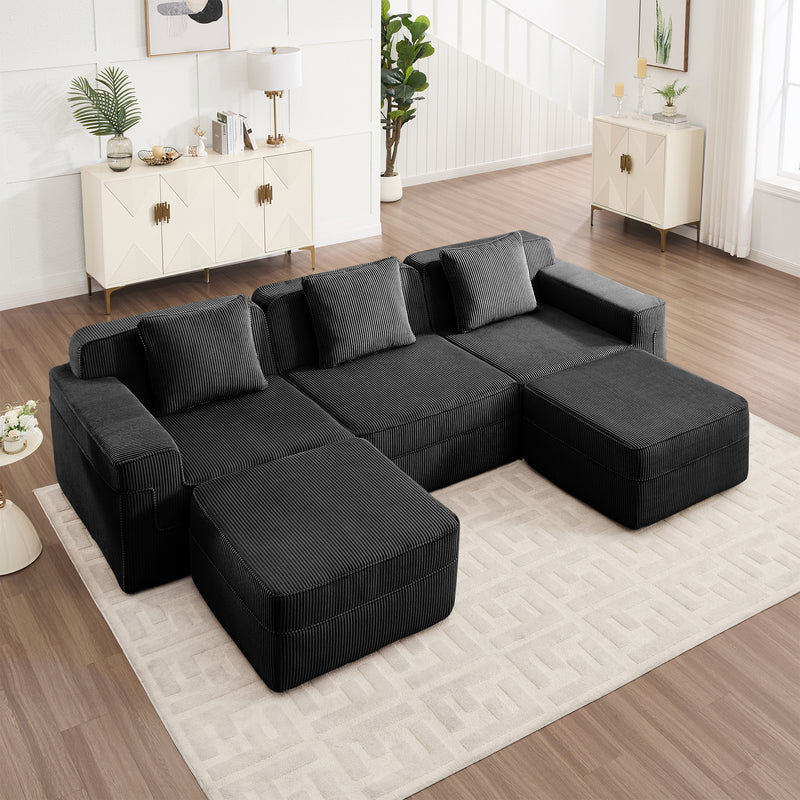 3-Seater Modular U-Shaped Corduroy Sectional Sofa - Black Corduroy