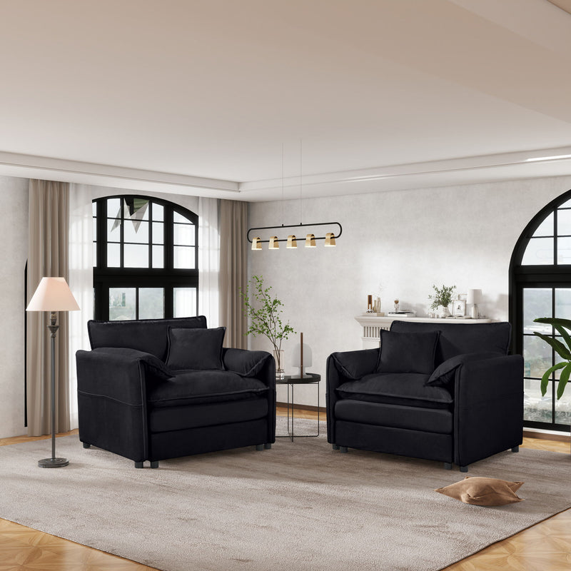 Blue oversized accent chairs set of 2 with thick cushions, dark pillows, and tapered legs
