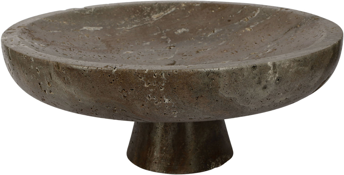 Marble bowl by Simpson, dark gray-brown speckled pedestal base