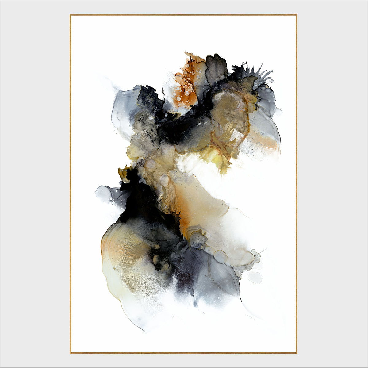 Abstract framed painting with dark gray and gold ink blotches, light gray wash, portrait layout.