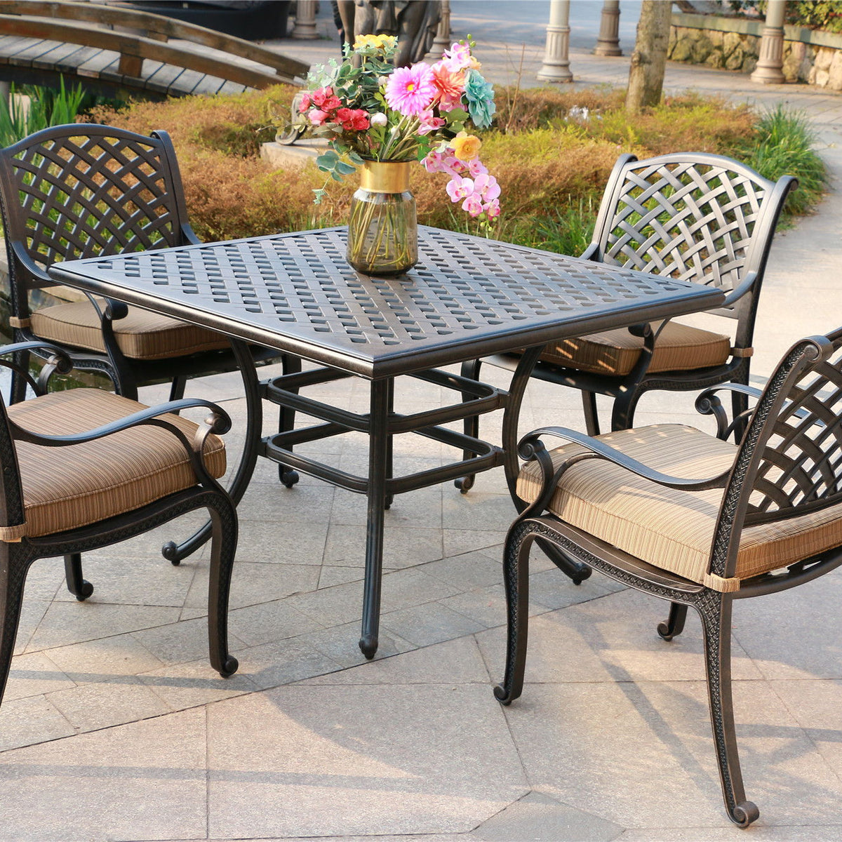 Square 4 Person 43.19" Long Aluminum Dining Set With Cushions