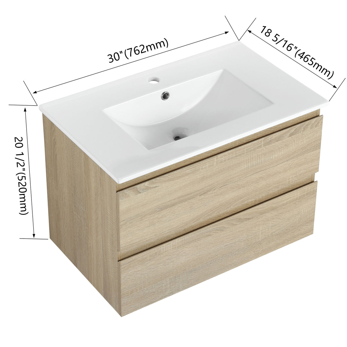 Wall mounted vanity with white rectangular sink and two drawer fronts, light wood finish