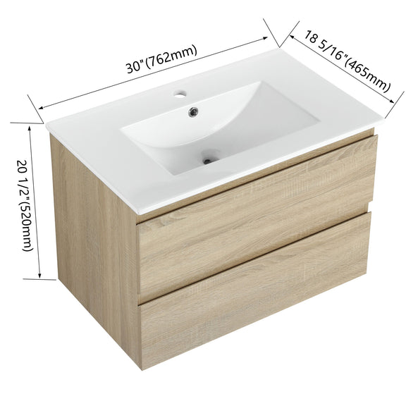 Wall mounted vanity with white rectangular sink and two drawer fronts, light wood finish