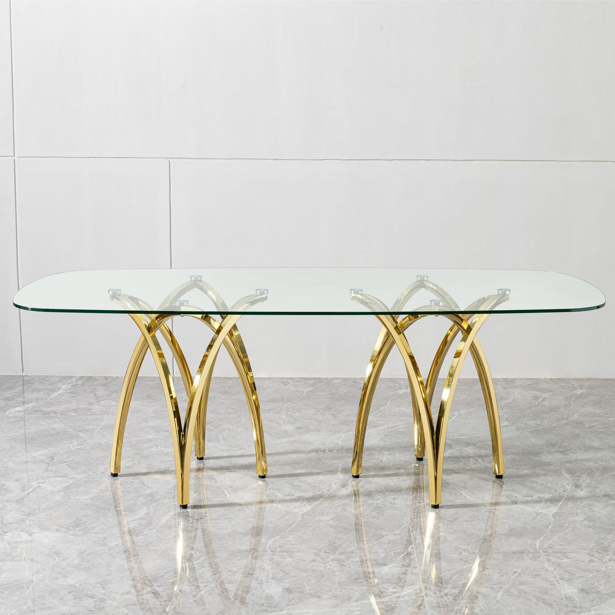 Tempered Glass Rectangular Dining Table With Stainless Steel Base - Gold