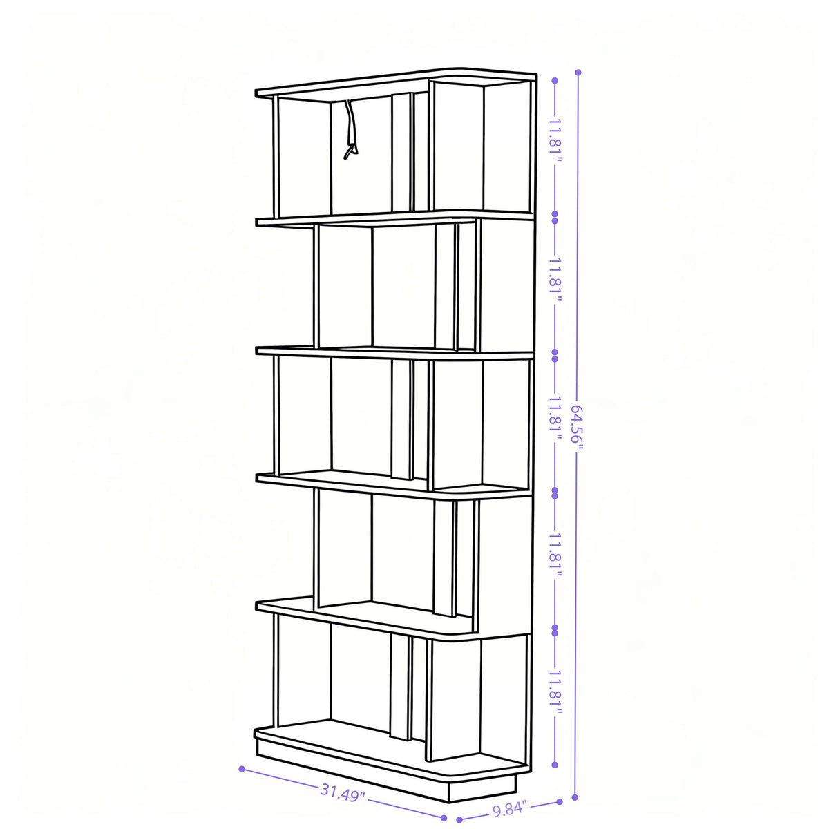 5-tier open bookcase diagram showing front shelves and overall dimensions.