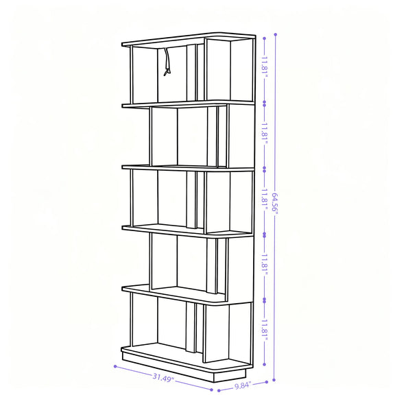 5-tier open bookcase diagram showing front shelves and overall dimensions.
