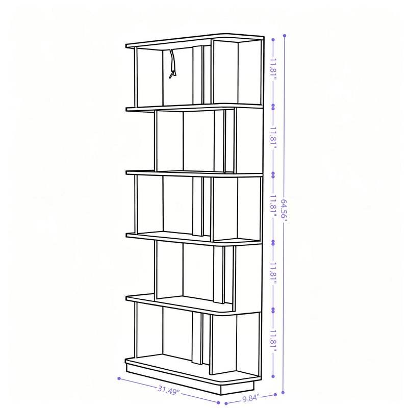 5-tier open bookcase diagram showing front shelves and overall dimensions.