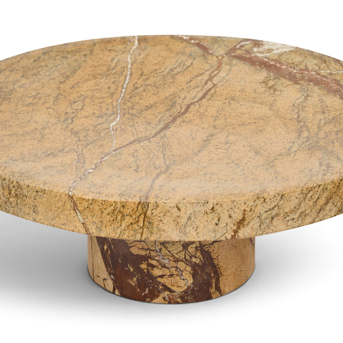 Round genuine marble tray with tan top and pedestal base, brown and beige veining