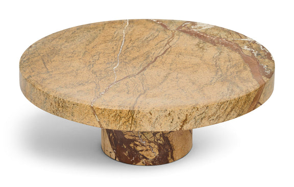 Round genuine marble tray with tan top and pedestal base, brown and beige veining