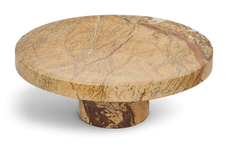 Round genuine marble tray with tan top and pedestal base, brown and beige veining