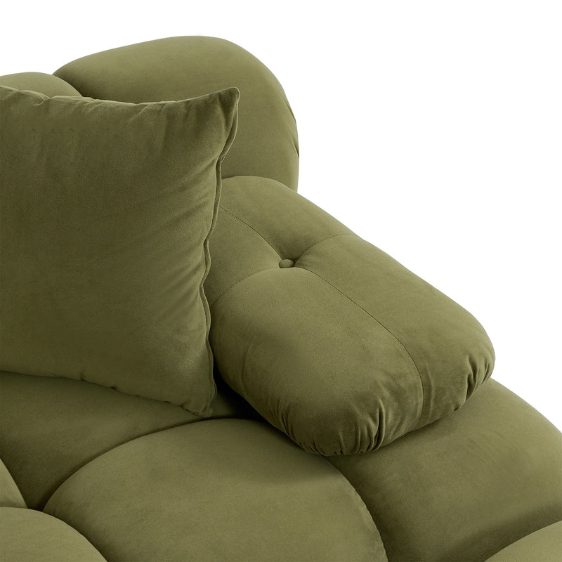 Olive green loveseat arm and back cushion with plush padding and buttoned seams