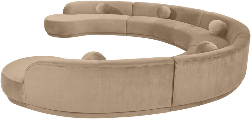 Light brown performance velvet sectional sofa with rounded arms and tufted seat pads