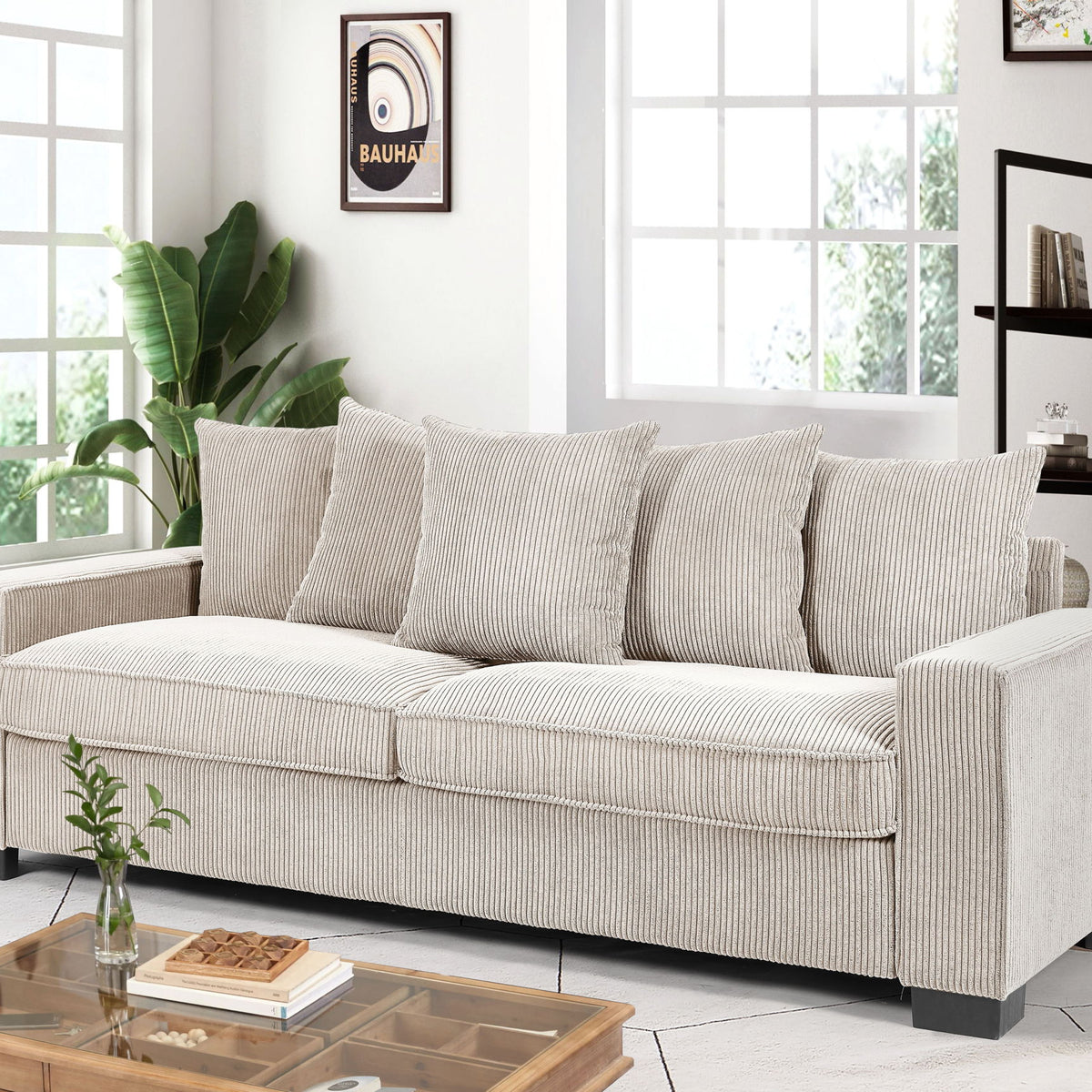 Luxe Corduroy Sofa With 5 Matching Toss Pillows, Sleek Design, Spacious And Comfortable 3 Seater Couch