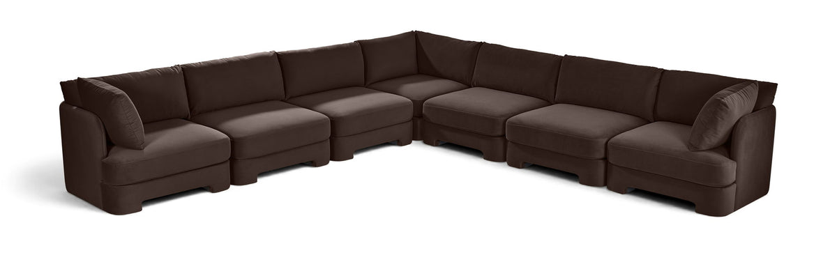 Dark brown velvet corner sectional sofa with 7-piece modular arrangement
