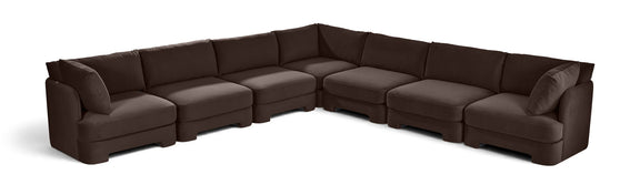 Dark brown velvet corner sectional sofa with 7-piece modular arrangement