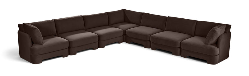 Dark brown velvet corner sectional sofa with 7-piece modular arrangement