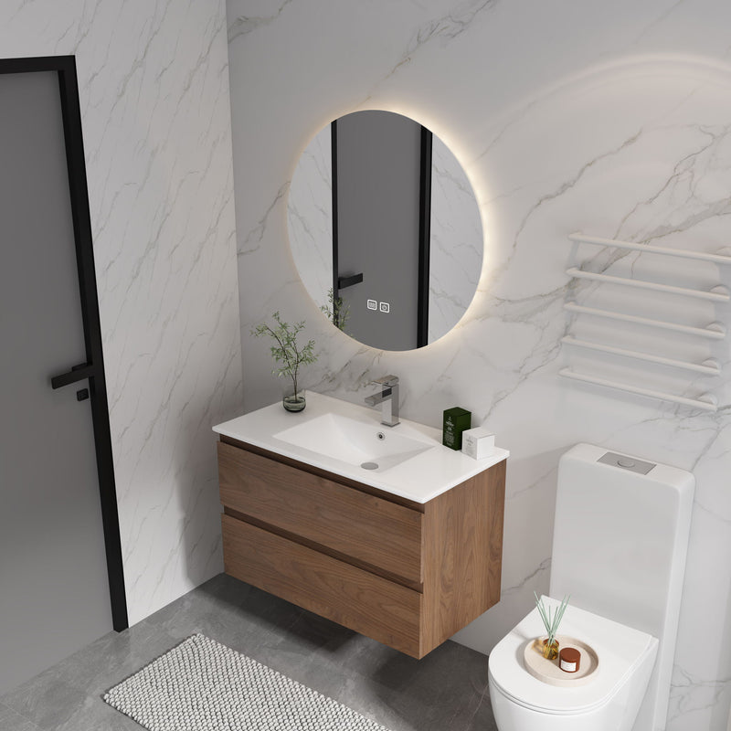 Wall mounted bathroom vanity with white sink, two soft-close drawers, dark brown wood front
