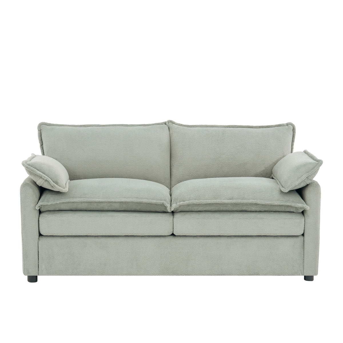 Gray upholstered loveseat sofa with two back cushions and side storage pockets.