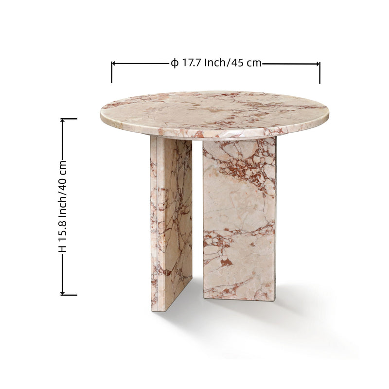 Round marble coffee table with pink-beige veining top and matching stone base