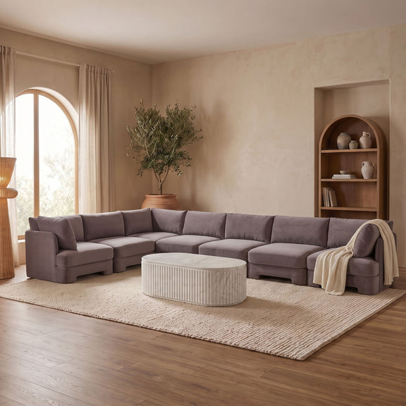 Gray velvet performance fabric 7-piece sectional sofa with chaise and rolled seat cushions