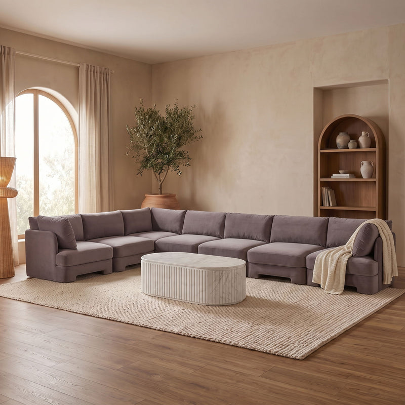 Gray velvet performance fabric 7-piece sectional sofa with chaise and rolled seat cushions