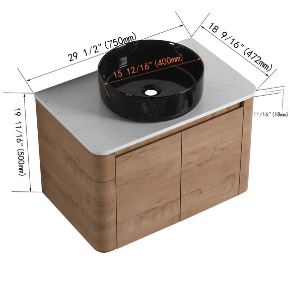 Wall-mounted vanity with black vessel sink, light wood cabinet—29 1/2 in wide