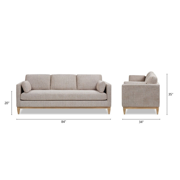 Light beige fabric sofa with rounded arms; front and side views with dimensions