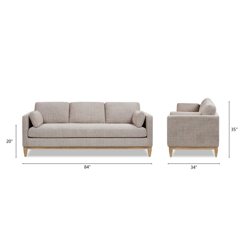 Light beige fabric sofa with rounded arms; front and side views with dimensions