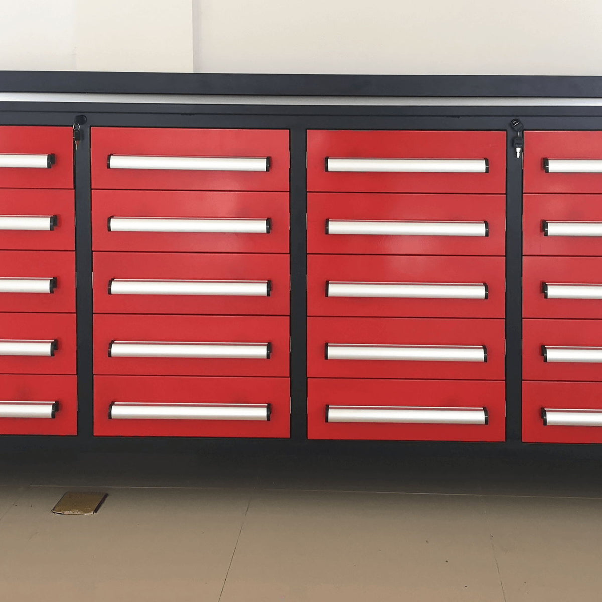 Garage Storage Cabinets With Workbench (With 20 Drawers) - Red