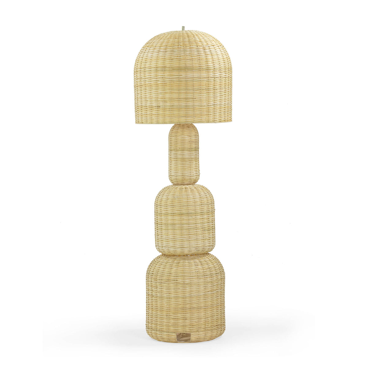 Natural rattan floor lamp, tall with dome shade and stacked round woven base