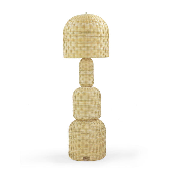 Natural rattan floor lamp, tall with dome shade and stacked round woven base