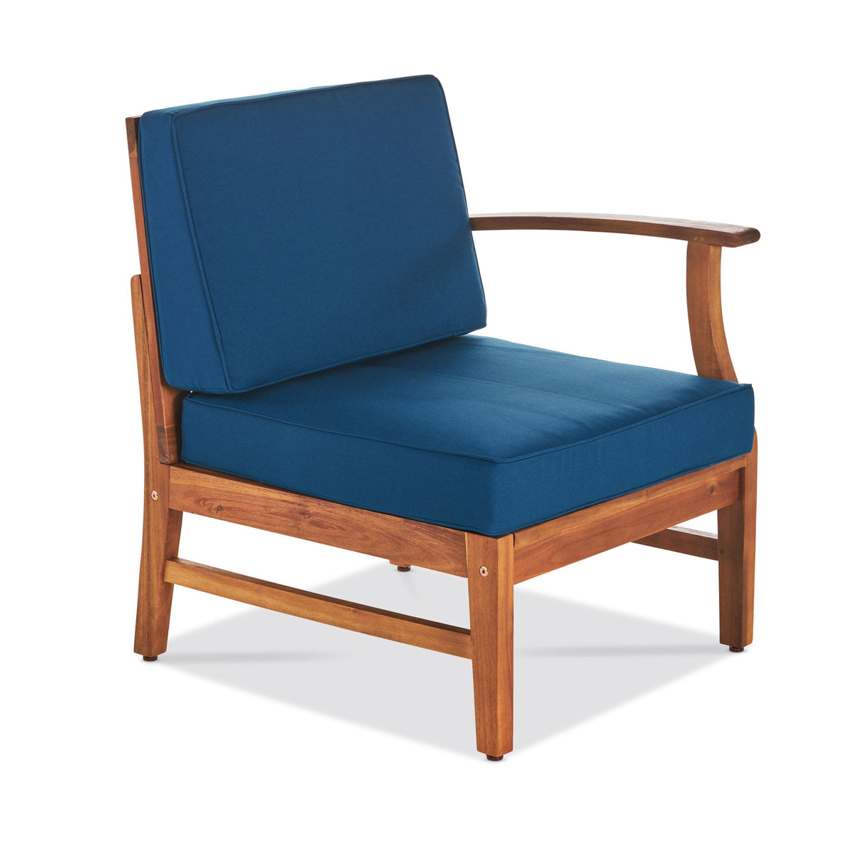 Outdoor accent chair with blue upholstered cushion and wooden armrests