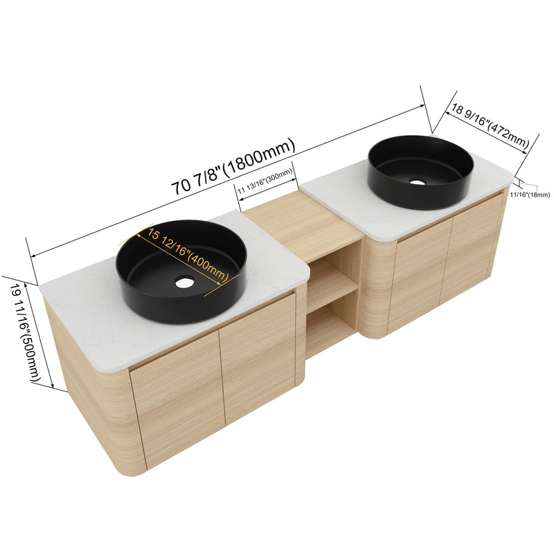 Mounted bathroom vanity with art sinks, light wood cabinet, black sink bowls on white tops