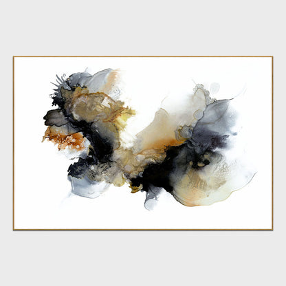 Abstract framed painting with dark gray, gold, and light gray ink swirls on white background.